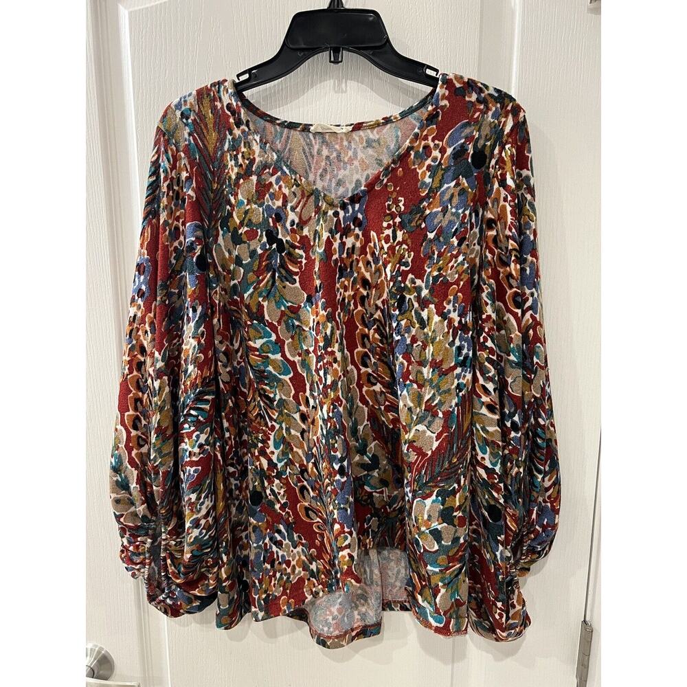 Beeson River Mixed Print Ted Green Long Balloon Sleeve V Neck Top Women Size M